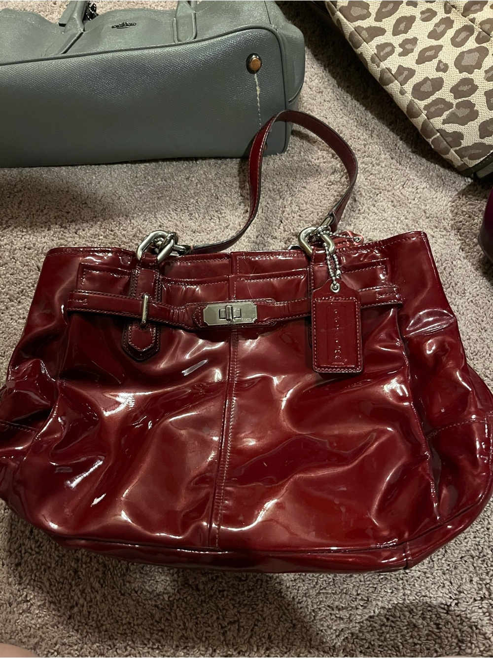 Coach Patent Leather Shoulder Tote in Deep Red